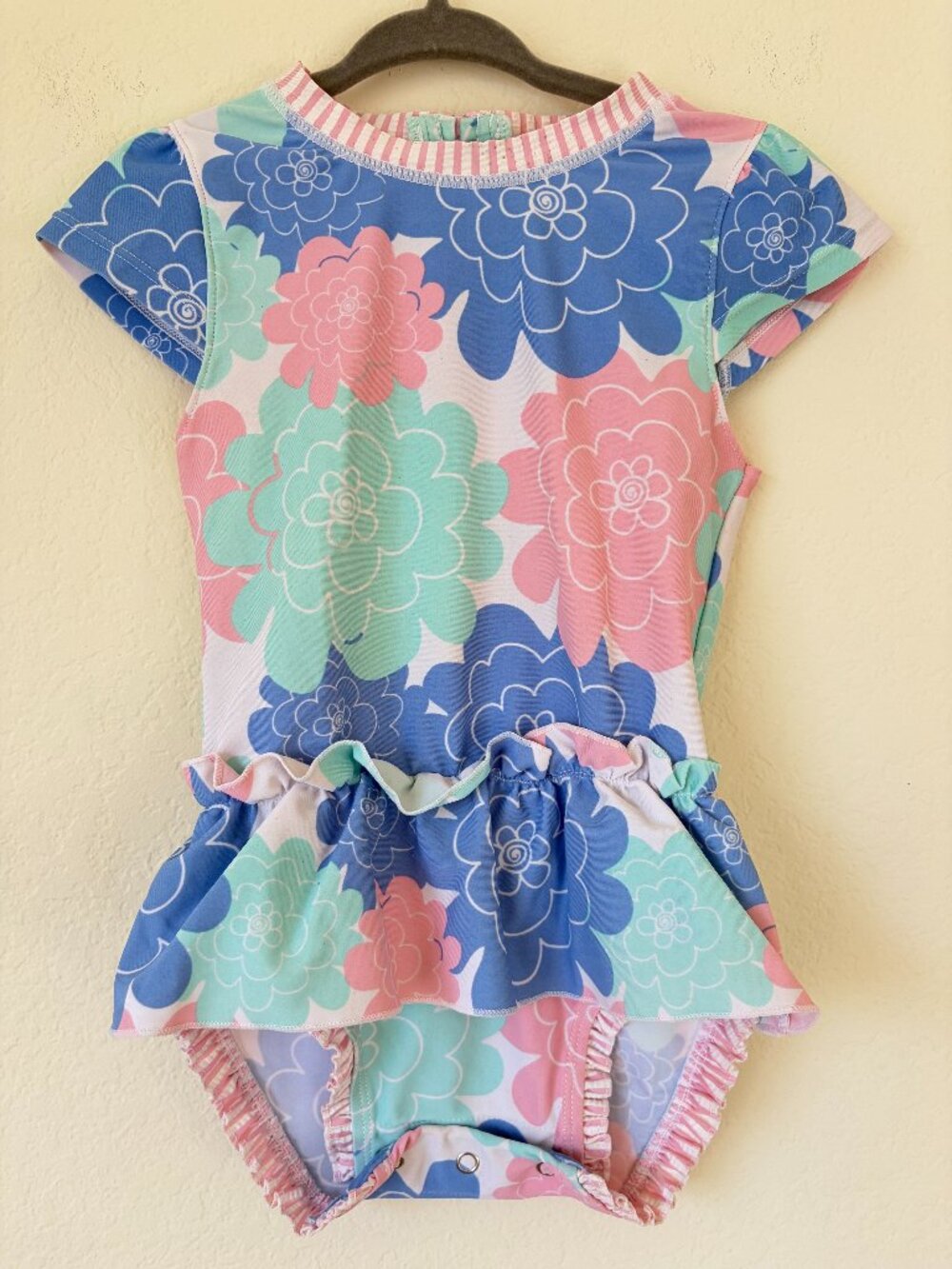 Rufflebutts Swimsuit Toddler Girls 2T Blue Pink Floral Print One Piece Beach